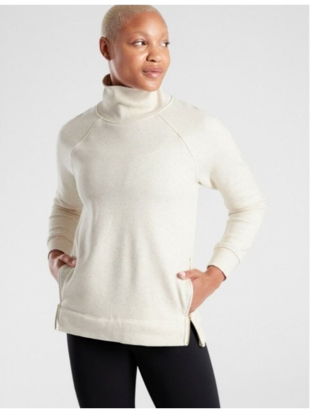 Athleta Cozy Karma Side Zip Funnel Neck Pullover Sweatshirt Tan Size XS [jb]